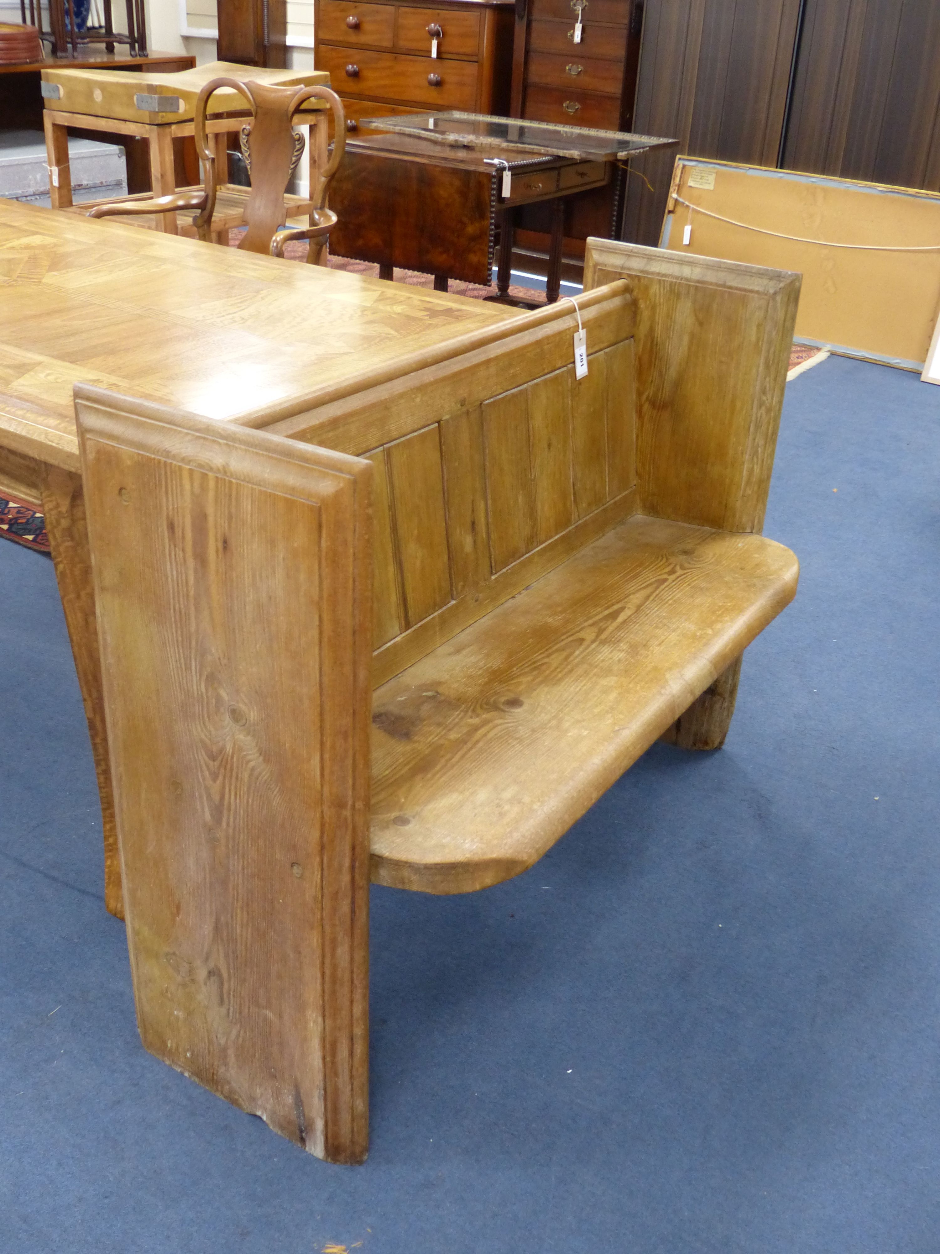 A Victorian pitch pine pew, length 112cm, depth 44cm, height 86cm